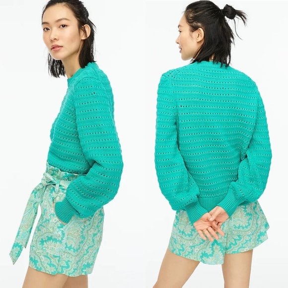 đ NEW J. Crew Green Balloon Sleeve Pointelle Sweater XL - Picture 6 of 7